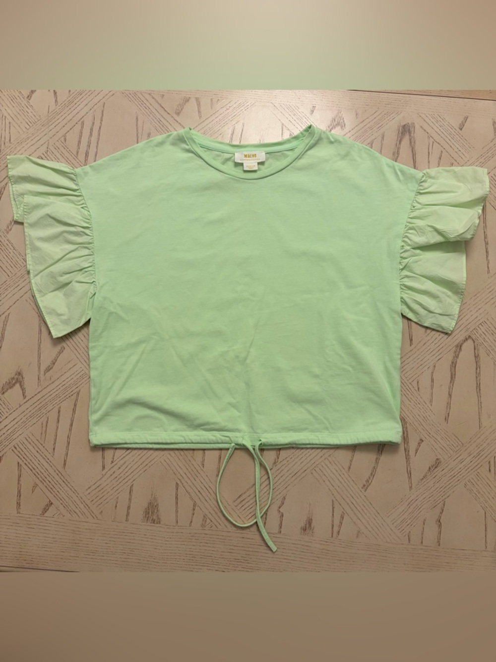 Maeve Anthropologie Ruffle Sleeve Drawstring Cotton / Lime Green Top